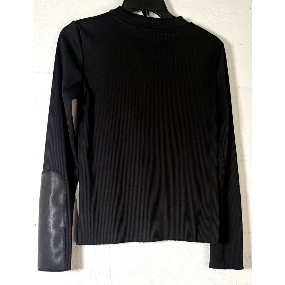 Zara Black Ribbed Long Sleeve Top Faux Leather Cuff Elbow Patch Knit Sz M Edgie